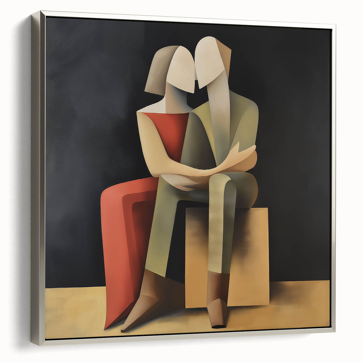 Abstract figurative art canvas framed in silver, showcasing dynamic shapes and vibrant colors, ideal for modern home decor and artistic focal points.