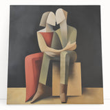 Abstract figurative stretched canvas artwork featuring vibrant colors and bold shapes, leaning against a textured wall, perfect for contemporary home decor.