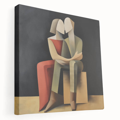Abstract figurative stretched canvas artwork showcasing vibrant colors and dynamic shapes, perfect for modern home decor. Side view highlights texture and depth, enhancing visual appeal.