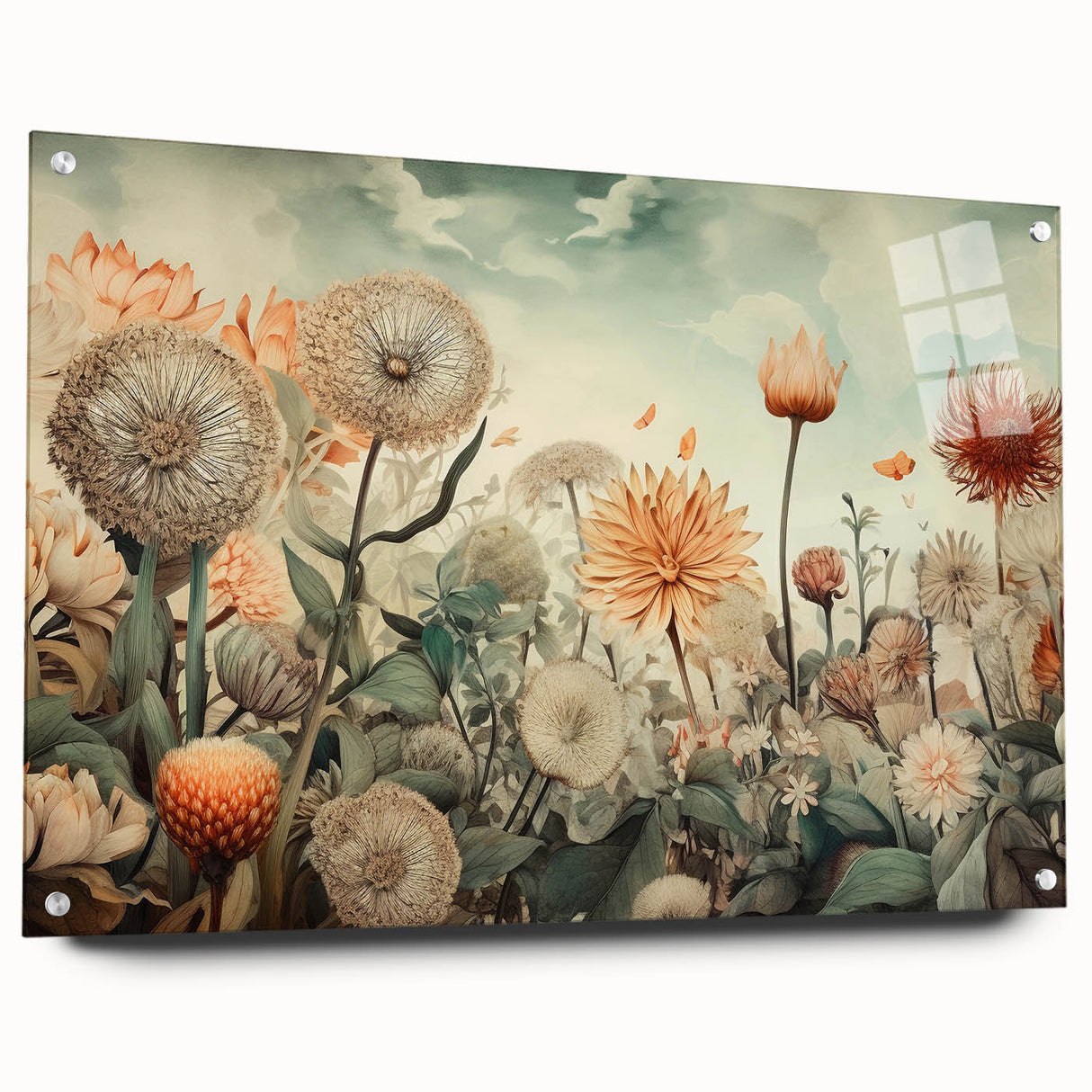 Abstract floral wall art displayed in a sleek acrylic glass frame, showcasing vibrant colors and intricate designs, secured with stylish pins for a contemporary look.