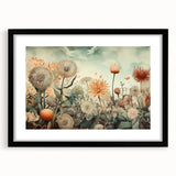 Abstract floral wall art framed in black, featuring vibrant colors and intricate designs, ideal for modern home decor and artistic interiors.