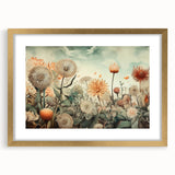 Abstract floral wall art in an elegant gold frame with a mat, showcasing vibrant colors and intricate designs, perfect for modern home decor and stylish interior design.