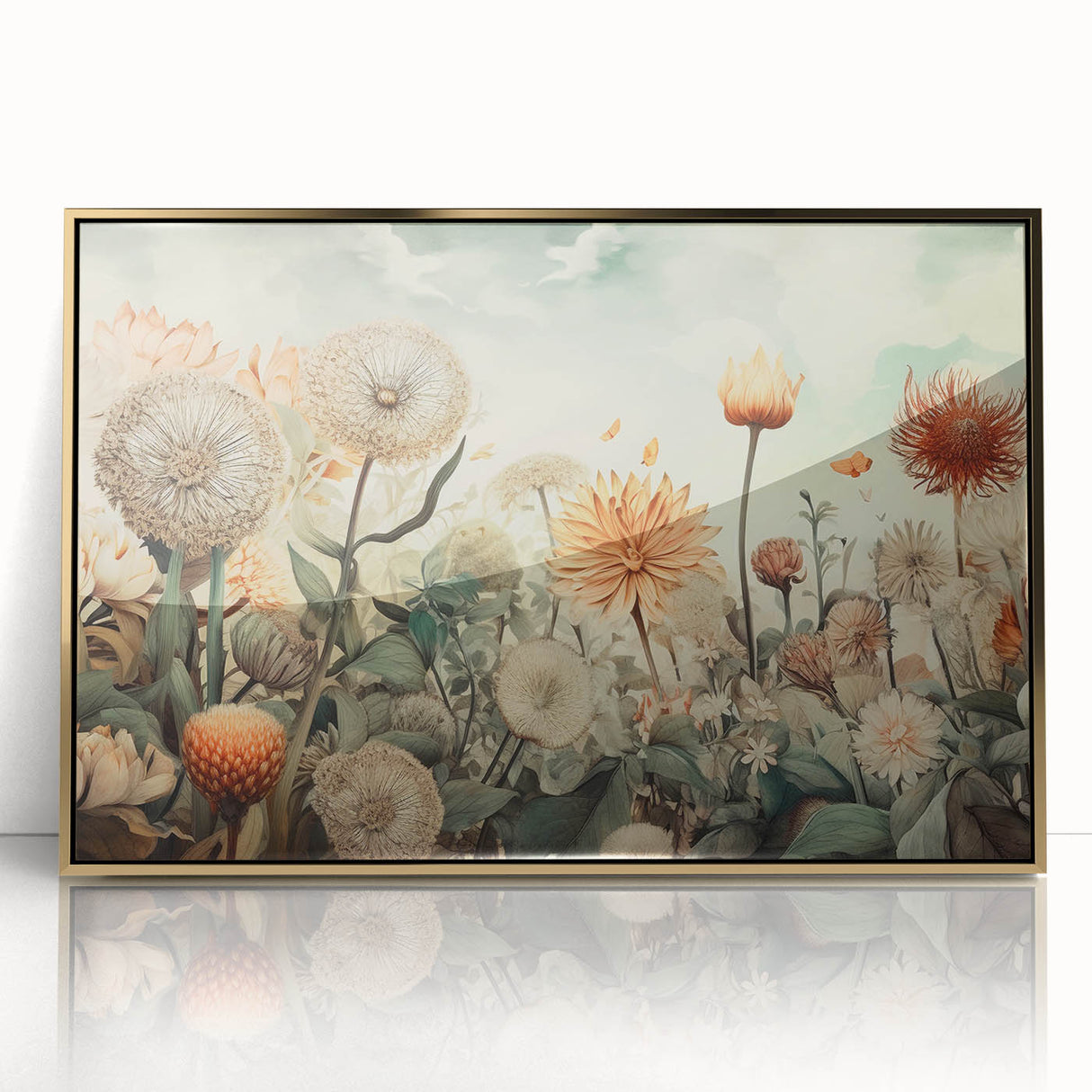 Framed abstract floral wall art with vibrant gold accents and a sleek acrylic finish, elegantly displayed against a neutral background, perfect for modern home decor.