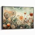 Framed abstract floral wall art in a black frame, showcasing vibrant colors and intricate designs, ideal for modern home decor, displayed in a side view.