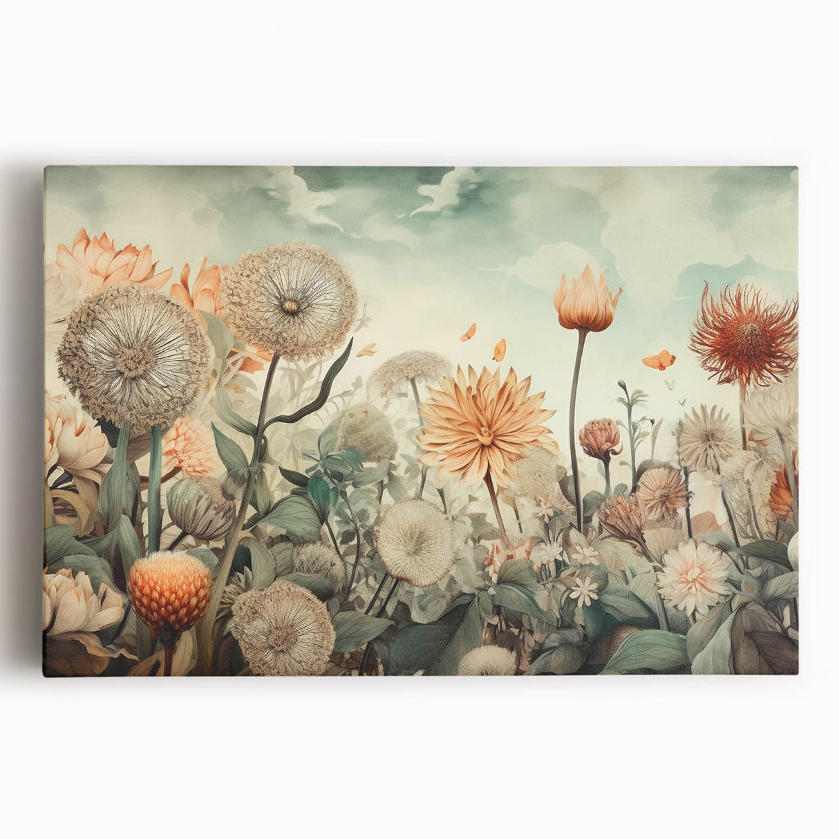 Abstract floral wall art on stretched canvas, showcasing vibrant colors of blue, pink, and yellow, perfect for modern home decor accents.