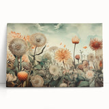 Abstract floral wall art on stretched canvas, showcasing vibrant colors and intricate designs, elegantly leaning against a neutral wall in a modern setting. Perfect for home decor enthusiasts looking to enhance their space with artistic flair.