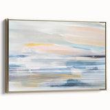 Framed abstract landscape wall art featuring a gold accent, displayed in a modern setting. The canvas showcases soft hues of blue and green, adding elegance to home decor.
