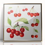 Large art print of assorted fruits in vibrant colors, framed in gold acrylic, in a mid-century modernist style.