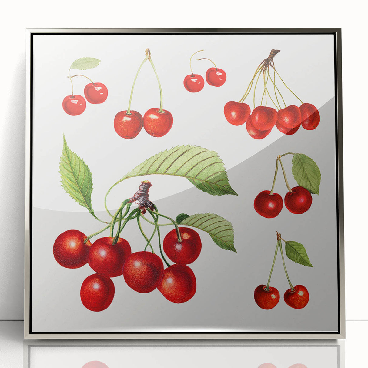 Mid-century modernist art featuring an array of fruits in vibrant colors on a framed acrylic, ideal for nursery wall art.