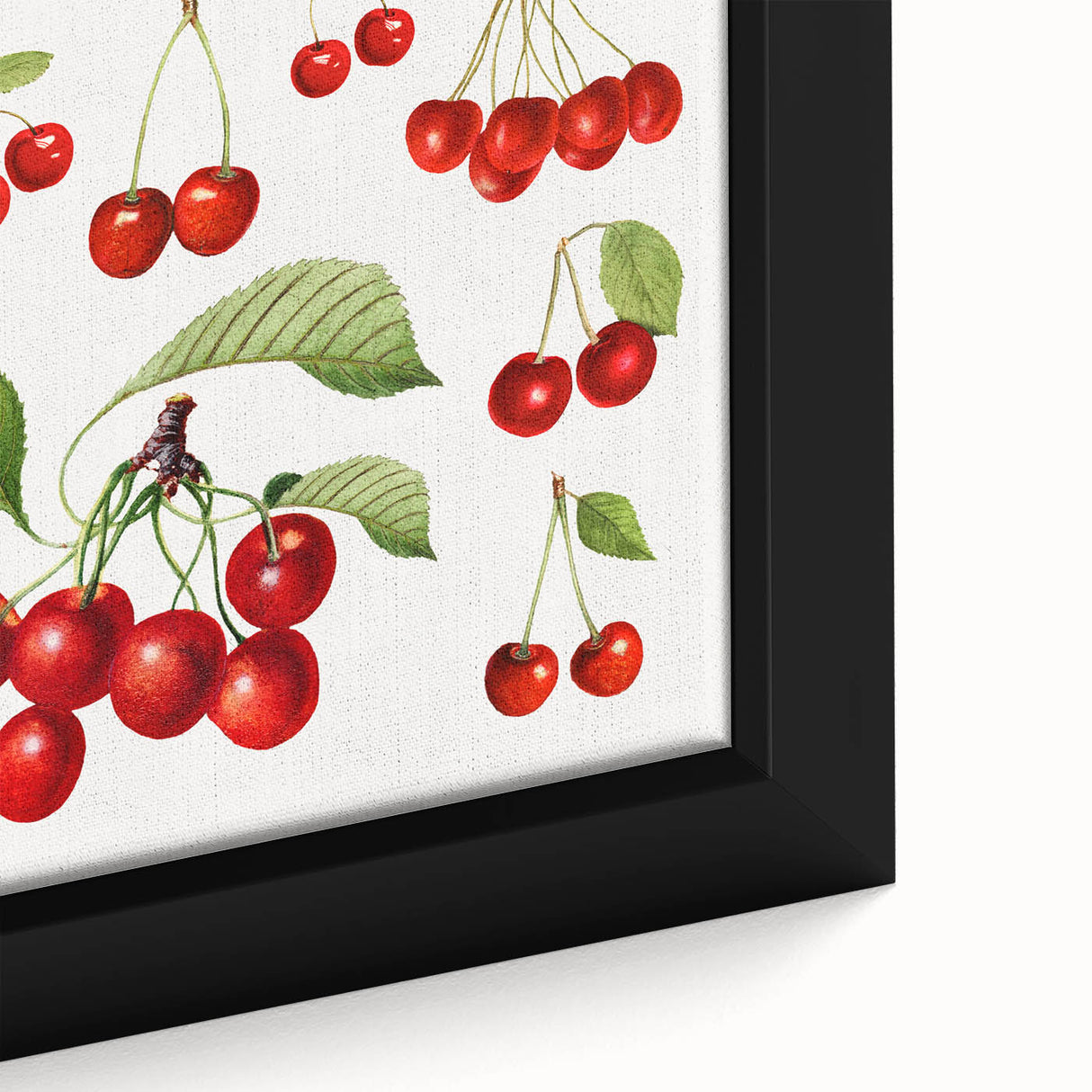 Close-up of black wall art featuring colorful, textured fruits on a large framed canvas, ideal for living room decor.