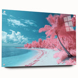 Acrylic glass artwork depicting a serene beach landscape, showcasing vibrant colors and intricate details, displayed from a side view with pins for hanging.