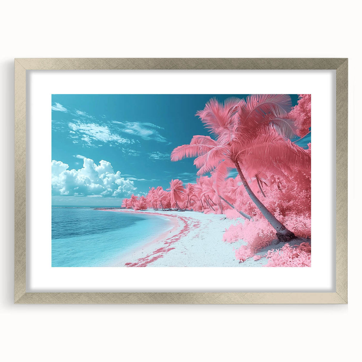 Framed landscape artwork depicting serene beaches, featuring a silver mat border and a sleek front view, perfect for enhancing home decor with a coastal theme.