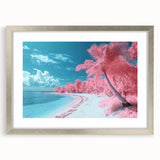 Framed landscape artwork depicting serene beaches, featuring a silver mat border and a sleek front view, perfect for enhancing home decor with a coastal theme.