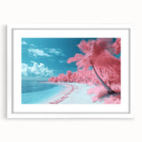 Landscape artwork depicting serene beaches in a white-framed mat, showcasing soft blue skies and golden sands, perfect for coastal home decor. Ideal for enhancing living spaces with a touch of tranquility and natural beauty.