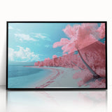 Framed acrylic artwork showcasing a serene beach landscape with vibrant colors and intricate details, featuring a sleek black frame enhancing its aesthetic appeal.