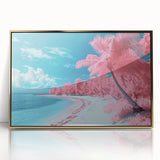 Framed acrylic artwork showcasing a serene beach landscape, featuring soft golden hues in the sky and gentle waves, ideal for coastal-themed decor.