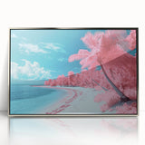 Framed acrylic artwork showcasing a serene beach landscape with vibrant colors and intricate details, ideal for home decor and coastal-themed interiors.