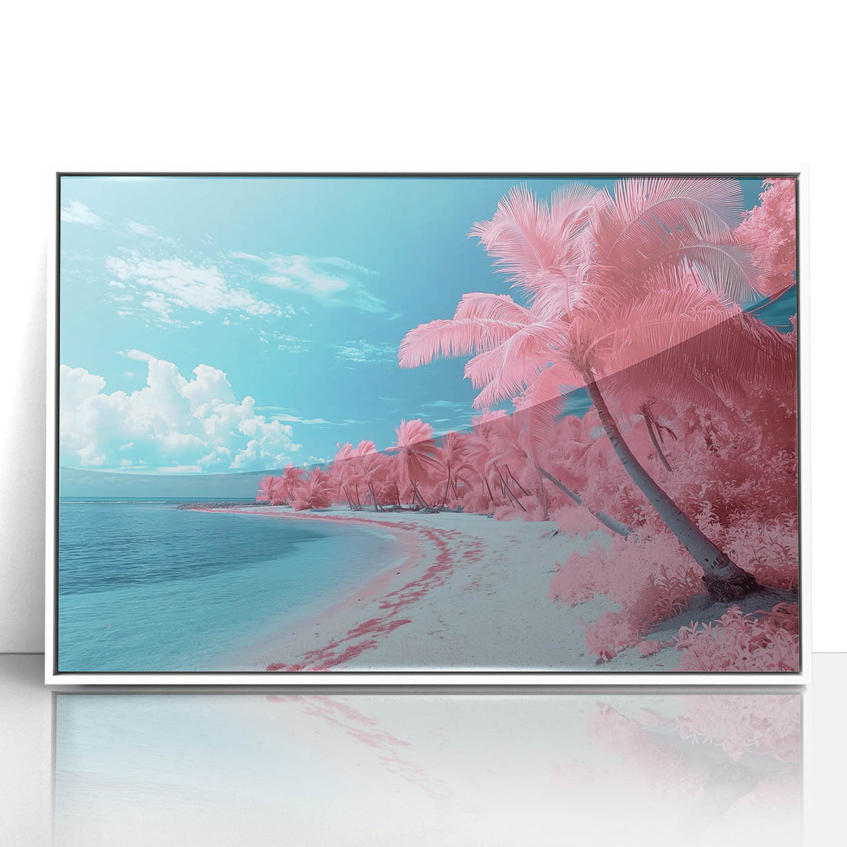 Framed acrylic art piece depicting a serene beach landscape with vibrant blue skies and soft white sands, designed to enhance coastal-themed interiors.