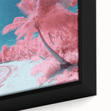 Framed canvas close-up showcasing a vibrant beach landscape with vivid blues and greens, perfect for coastal decor and enhancing interior spaces.