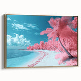 Framed canvas artwork showcasing a serene beach landscape, featuring vibrant colors and a gold frame, perfect for enhancing modern home decor.