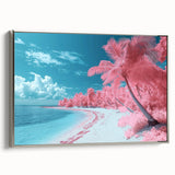 Framed canvas art depicting a serene beach landscape with vibrant colors and silver accents, showcasing a side view to highlight its elegant design and craftsmanship. Ideal for enhancing home decor in coastal-themed interiors.