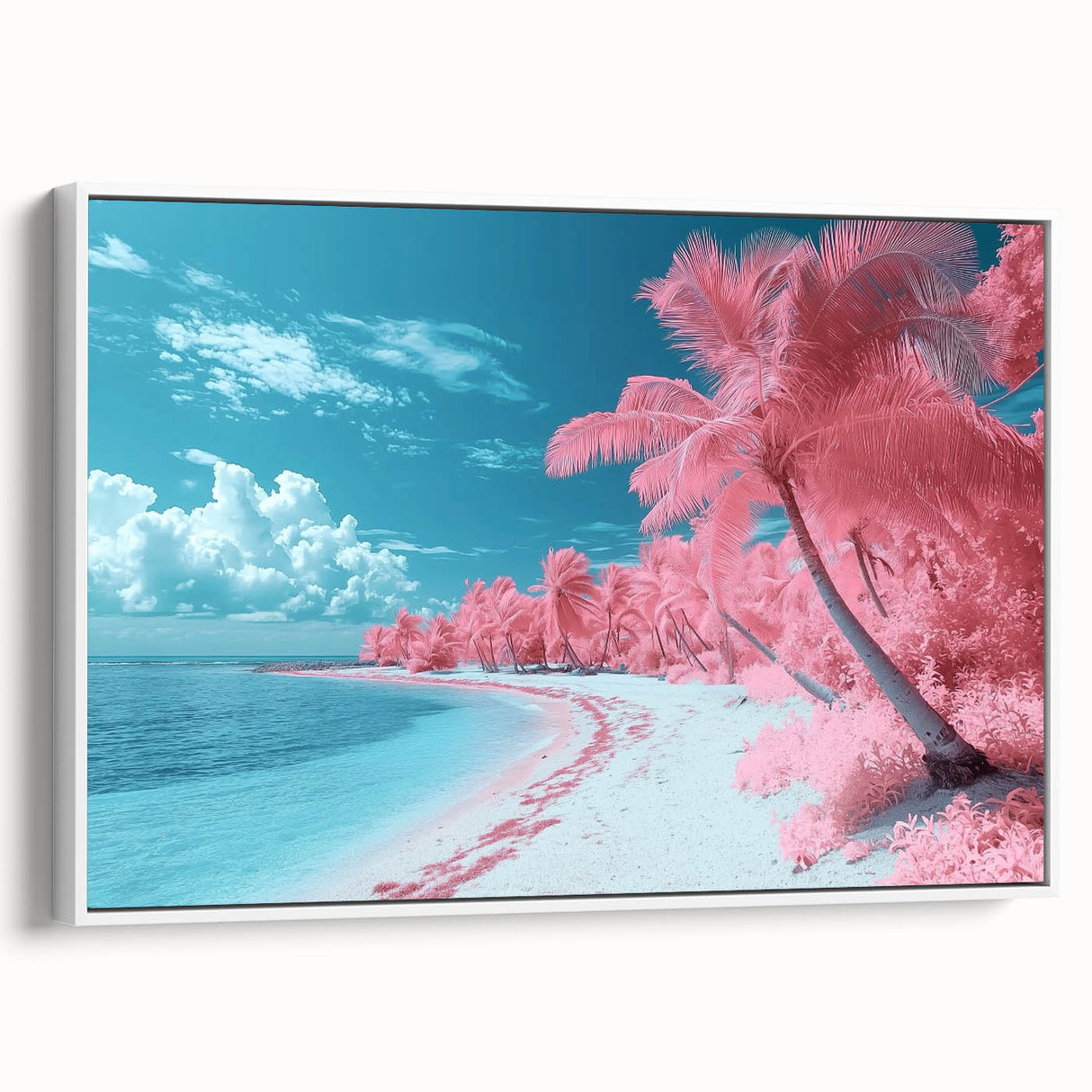 Framed canvas artwork depicting a serene beach landscape, showcasing vibrant colors with a white frame, ideal for enhancing coastal-themed home decor. Perfect for adding a tranquil touch to living spaces or offices.