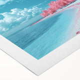 Stunning rolled canvas print depicting a serene beach landscape at sunset, showcasing vibrant hues of orange and blue, perfect for home decor or beach-themed interiors.