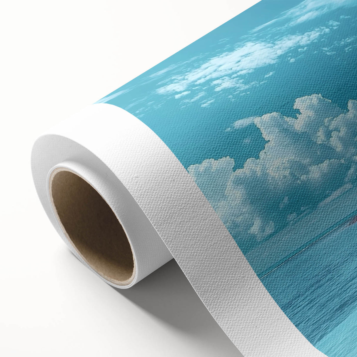 Vibrant rolled canvas artwork depicting a serene beach landscape with soft waves and a clear sky, designed for home decor, packaged securely in a protective tube.