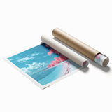 Serene landscape canvas print showcasing a tranquil beach scene with vibrant blue skies and gentle waves, rolled for easy transport in protective tube packaging.