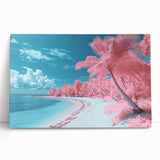 Stretched canvas artwork depicting a serene beach landscape at sunset, showcasing vibrant colors of the sky and ocean waves, perfect for beach-themed decor.