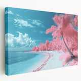 Stretched canvas artwork depicting a serene beach landscape with vibrant colors and soft waves, ideal for home decor or coastal-themed interiors.