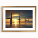 Elegant gold landscape bridge frame with a white mat, showcasing a scenic view, ideal for home decor and art display, enhancing interior aesthetics.