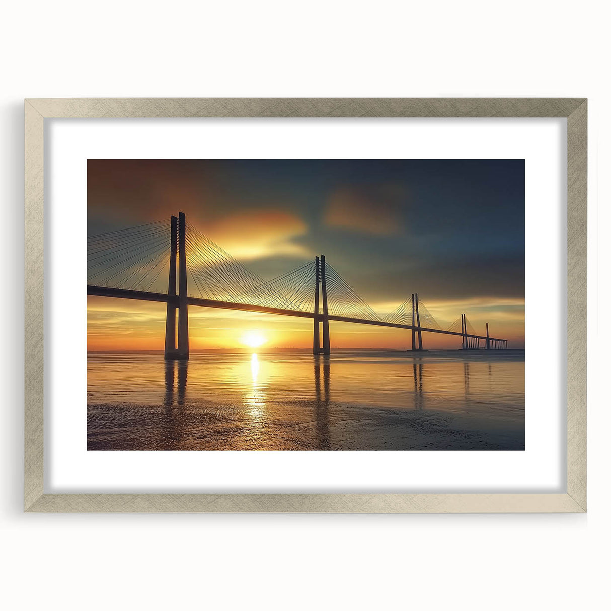 Landscape bridge frame with a silver mat, showcasing a modern design. Ideal for displaying artwork or photographs, enhancing any home decor with a sleek finish.