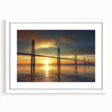 Landscape bridge frame with a white mat showcasing a scenic view, ideal for home decor or gallery display, emphasizing modern design aesthetics.