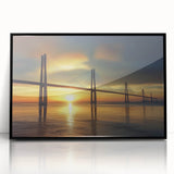 Framed acrylic artwork depicting a tranquil landscape bridge in black with vibrant green foliage, ideal for modern home decor and office aesthetics.