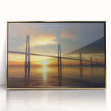 Framed acrylic artwork depicting a stunning landscape bridge design, featuring gold accents and a contemporary aesthetic, perfect for modern home decor.