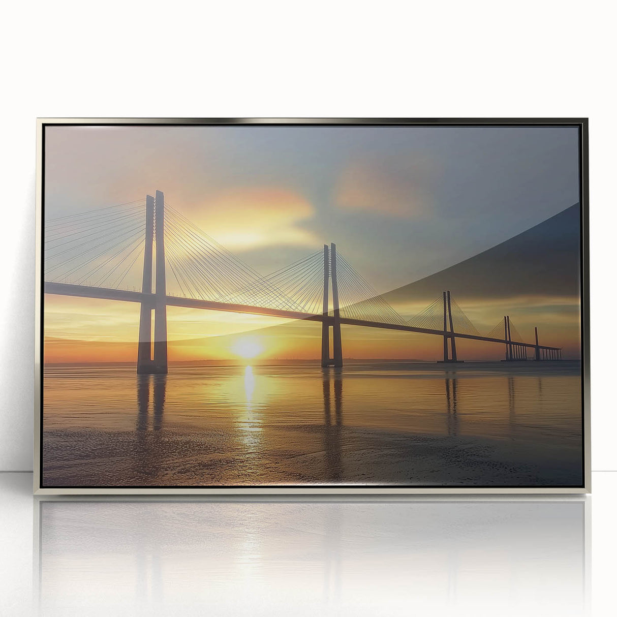 Framed acrylic artwork showcasing a contemporary landscape bridge design in silver tones, elegantly displayed against a neutral background, perfect for modern home decor.