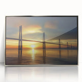 Framed acrylic artwork showcasing a contemporary landscape bridge design in silver tones, elegantly displayed against a neutral background, perfect for modern home decor.