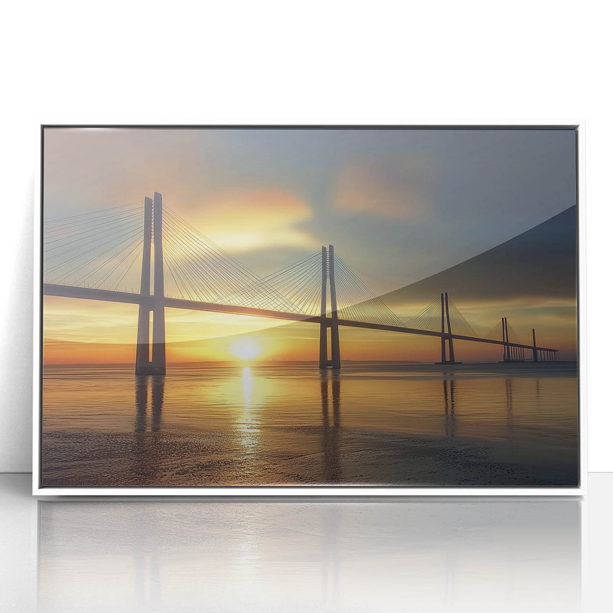 Framed acrylic landscape art print of a serene bridge scene, featuring vibrant colors and intricate details, elegantly displayed on a white background. Perfect for enhancing home decor.