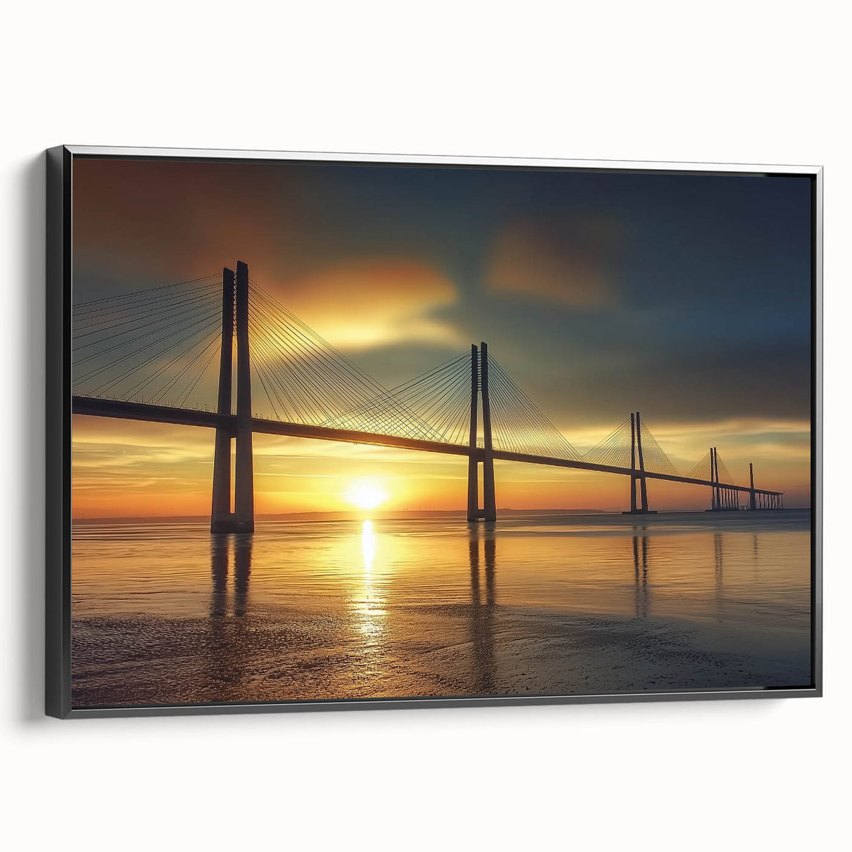 Framed canvas artwork of a landscape bridge in a black frame, showcasing intricate details and vibrant colors, perfect for home decor or office settings.