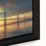 Close-up of a framed canvas depicting a serene landscape bridge scene, showcasing vibrant colors and intricate details, ideal for home decor enthusiasts.
