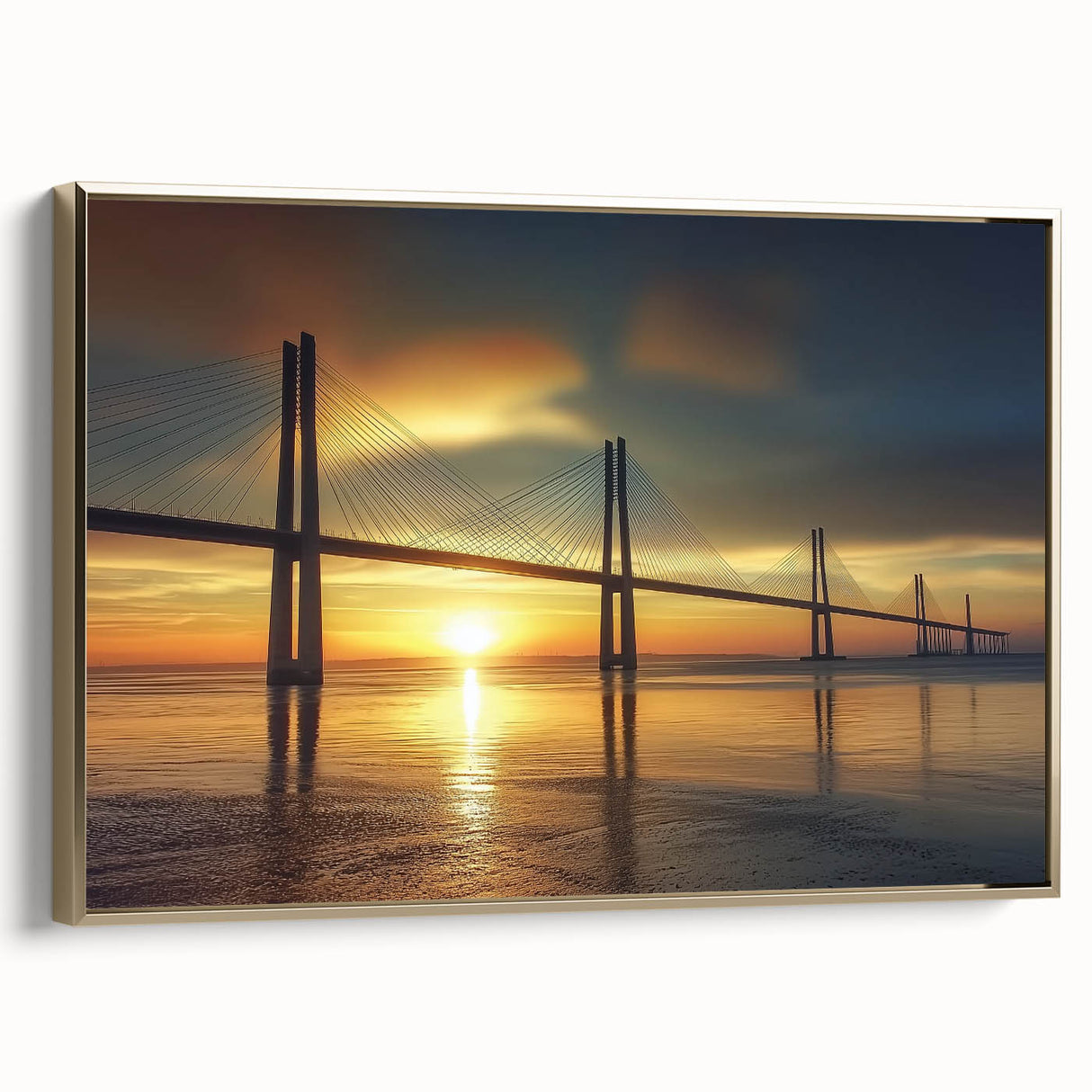 Framed canvas artwork depicting a stunning landscape bridge with golden accents, showcasing intricate details and vibrant colors, perfect for home decor.