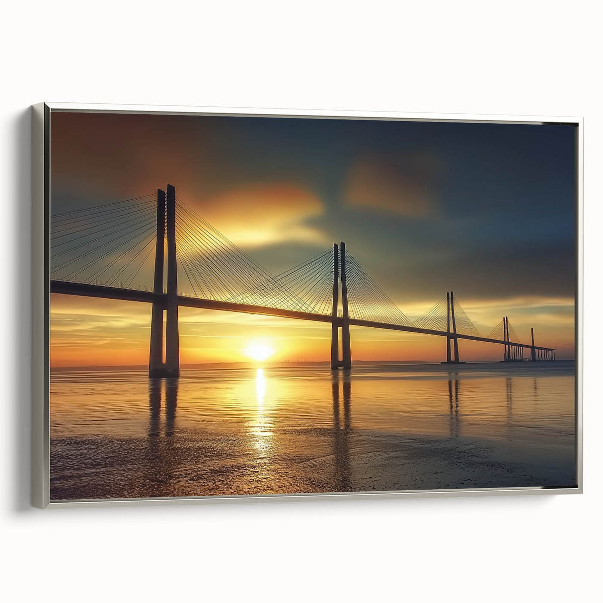 Framed canvas artwork of a landscape bridge with silver accents, showcasing intricate details and vibrant colors, ideal for home decor and art enthusiasts.
