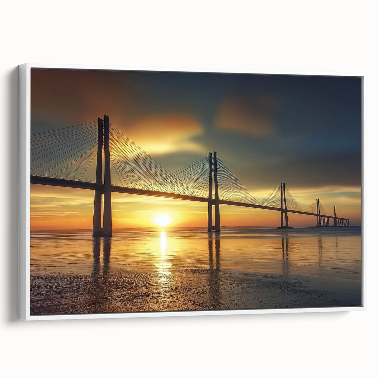 Framed canvas artwork showcasing a serene landscape bridge scene, featuring a white frame and vibrant colors, perfect for home decor enhancement. The piece captures the tranquility of nature, making it ideal for art lovers seeking to elevate their living space.