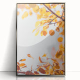 Mid-century modernist art depicting an autumnal scene with warm orange and brown hues, framed in silver acrylic.