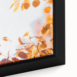 Close-up of extra large framed canvas showcasing textured, colorful art with autumnal theme, ideal for living room decor.