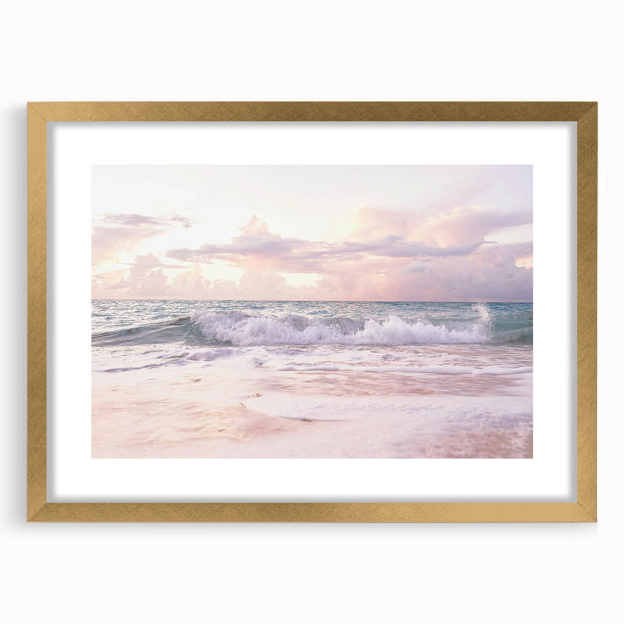 Extra large abstract art print with textured surface in vibrant gold and white tones, framed in gold.