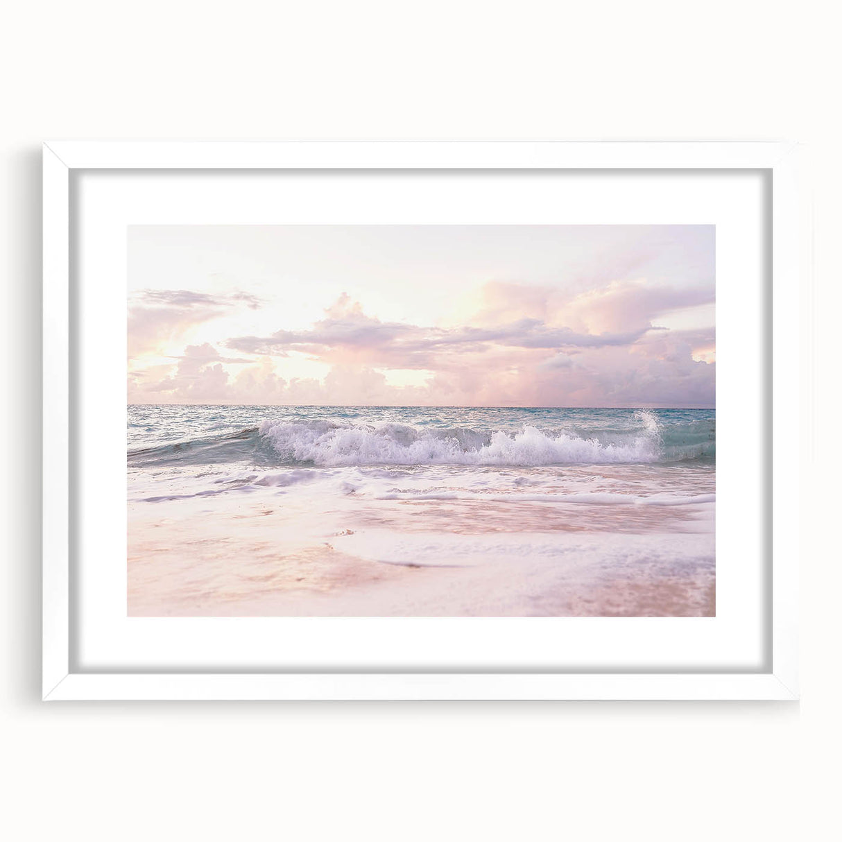Abstract art print featuring swirling blue and green patterns on a white framed canvas, ideal for dining room decor.