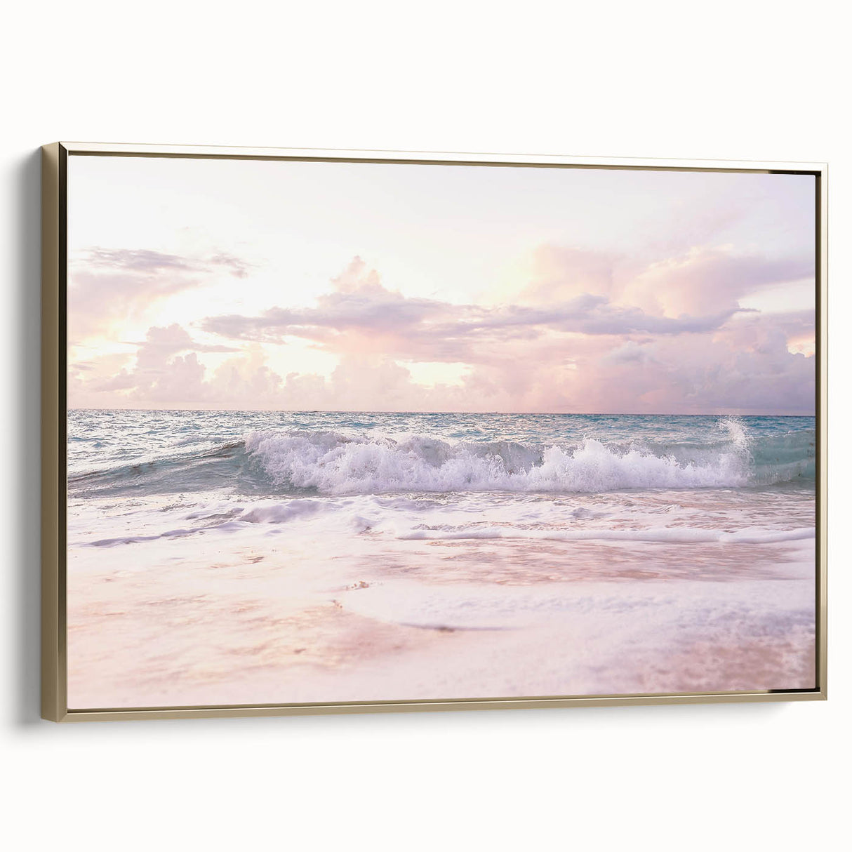 Framed canvas featuring a vintage landscape painting of summer scenery in muted gold and black tones.