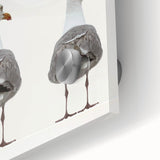 Large abstract wall art in vibrant orange and blue tones on acrylic glass, ideal for dining room ambiance.